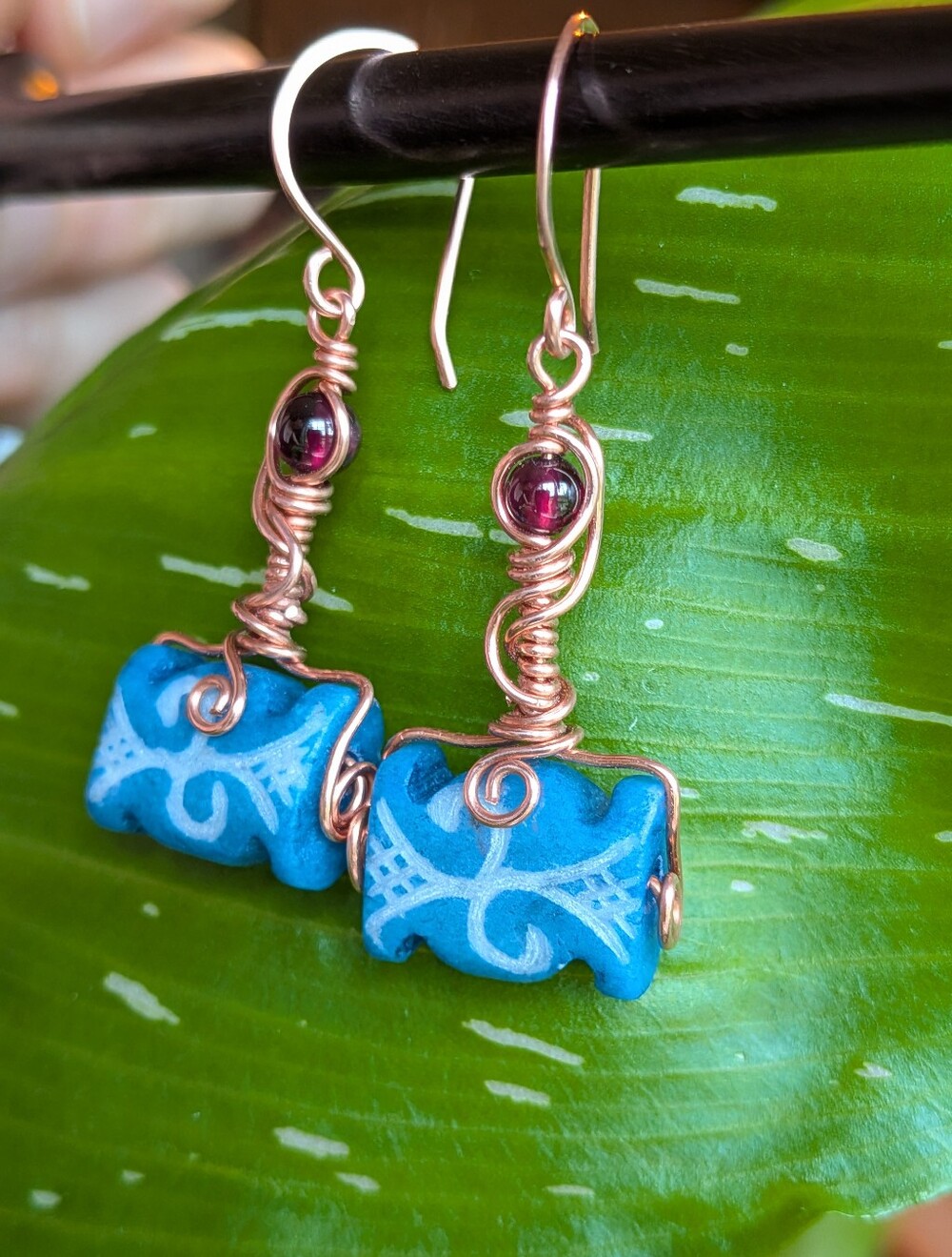 Viking Inspired Earrings Carved Vintage Glass And Garnets In Copper - Picture 6 of 16